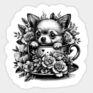 chihuahua peeking dog out from a teacup, surrounded by delicate flowers Sticker